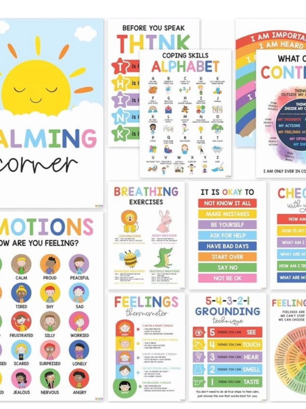 Calming Corner Kids Emotions & Coping Skills Poster Set of 12 - Bright Pastel
